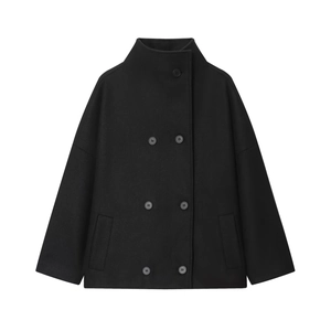 Classic black double-breasted wool coat for women with stand collar and side pockets