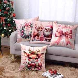 Set of four pink Santa and reindeer Christmas pillow covers for sofa decor