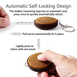 Handmade crazy horse leather mini measuring tape with floral embossing and keychain