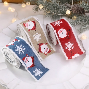 Christmas Ribbon Faux Linen Santa Claus Snowflake Pattern Plush Edge Festive Gift Wrapping DIY Craft Holiday Decor