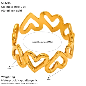 Detailed spec sheet of 18K gold-plated stainless steel heart ring with 17mm inner diameter
