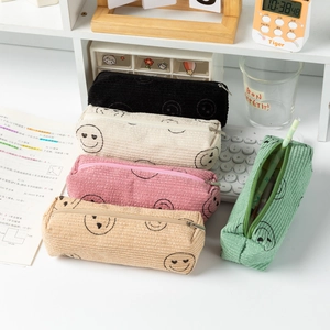 Corduroy Makeup Bag Cosmetic Pouch And Pencil Case Heart Eye Smiley Print Large Capacity Travel Organizer Retro Ins Style For Women