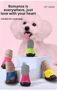 Breathable mesh pet shoes for small dogs shown in various colors with non-slip rubber soles