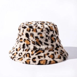 Close-up of leopard print faux rabbit fur bucket hat with soft plush texture
