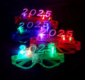 Detail showing colorful LED 2025 glowing glasses in red, blue, and green colors
