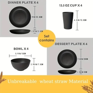 16-piece black wheat straw dinnerware set showing 4 plates, 4 bowls and 4 cups with sizes