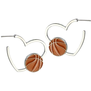 Pair of heart-shaped hoop earrings featuring basketball design with orange enamel finish