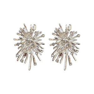 Sparkling silver firework starburst stud earrings with white rhinestones on white base