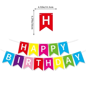 Detailed dimensions and layout of a colorful paper Happy Birthday party banner set