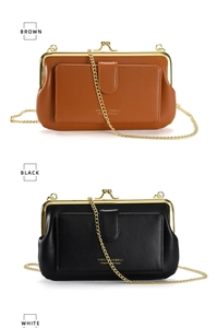 Vertical display of vintage crossbody phone bags in brown, black, and white colors
