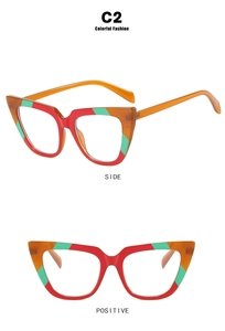 Detailed views of retro cat-eye glasses frame with vibrant red green orange stripes