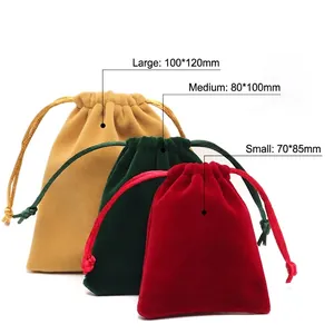 Soft velvet drawstring jewelry pouches in khaki, dark green, and red, three sizes available