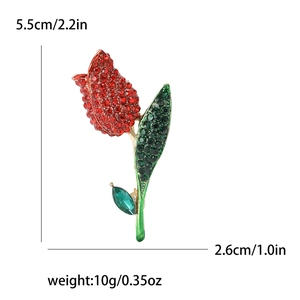 Elegant crystal tulip brooch with red petals and green leaves, size 5.5cm by 2.6cm