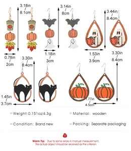 Size chart showing dimensions for five styles of Halloween wooden dangle earrings