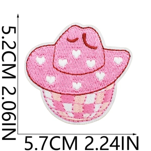 Pink western cowgirl hat embroidery patch with heart pattern measuring 5.7cm x 5.2cm