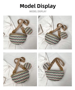 Detail of colorful wave knit crossbody bag set featuring a round matching coin purse