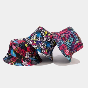 Polyester Reversible Bucket Hat Graffiti Letter Print Foldable Sun Protection Streetwear Fashion For Men Women