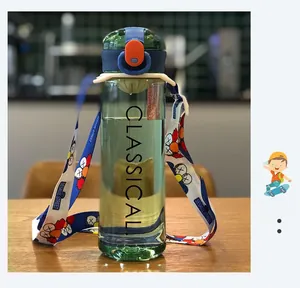 Detail of dark green translucent sports bottle with Sesame Street themed carry strap