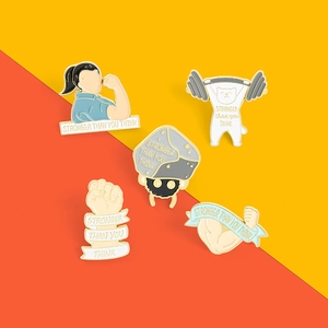 Detailed set of 5 enamel fitness brooches featuring cartoon lifting cat and Rosie style icons