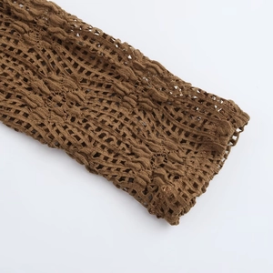 Brown crochet lace top for women featuring trendy mesh hollow out knit design