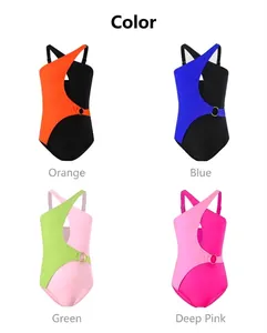 Detail showing girls' one-shoulder swimsuits with side cut-outs and gold metal rings