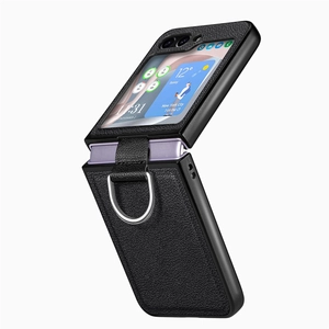 Detailed view of black leather texture phone case with silver metal ring and hinge for ZFlip