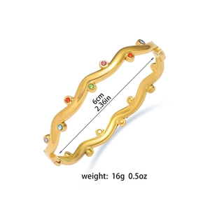 Gold wavy titanium steel bangle set with multicolored gemstones and size parameters