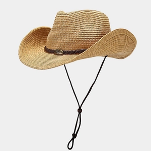 Detail of hand-woven straw cowboy hat featuring brown braided band and adjustable chin cord