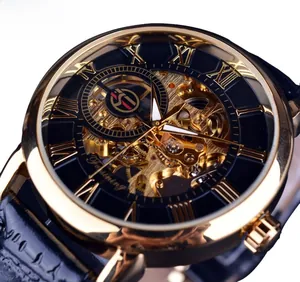 Macro shot of gold skeleton watch movement with Roman numerals and leather strap