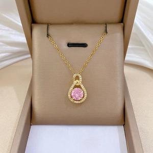 Teardrop Pendant Necklace Stainless Steel Chain Copper Pink Zircon Micro Inlay Elegant Jewelry For Women Luxury Style