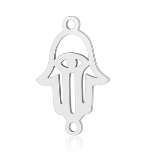 Detailed view of silver Hamsa Hand stainless steel pendant with dual connection holes