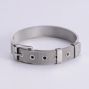 Close-up of 10mm silver Milanese mesh bracelet with adjustable belt buckle and reinforced holes
