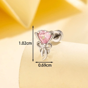Titanium steel stud earring with pink heart gemstone and bow detail, 1.02cm x 0.69cm size