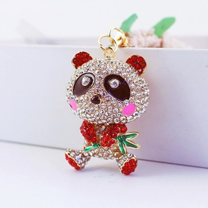 Creative panda keychain with sparkling rhinestones and green enamel bamboo leaf