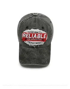 Detailed top view of vintage washed charcoal baseball cap with reliable patch embroidery