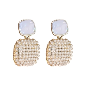 Elegant French vintage gold square drop earrings with white stones and rows of pearls