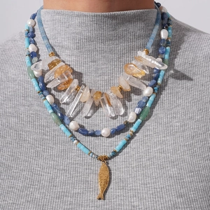 Natural Stone Crystal Beaded Necklace Artificial Pearl Fish Pendant Stainless Steel Layered Bohemia Fashion Jewelry For Women