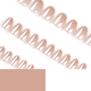 Elegant glossy nude pink press-on nails with French white tips in oval shape for women