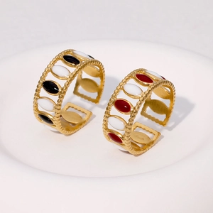 French vintage style gold plated stainless steel open rings with enamel oval inlays