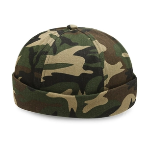 Unisex camouflage docker cap with green and brown patterns in a brimless style