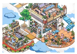 Macro detail of hand-drawn isometric coffee shop sticker with miniature furniture on clouds