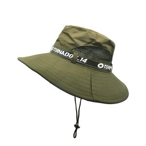 Detail of army green sun hat with breathable mesh, wide brim and adjustable chin strap