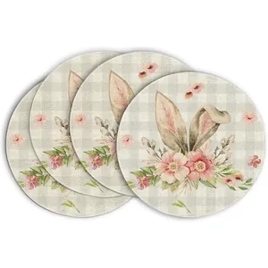 Set of 4 round linen placemats with Easter rabbit ears and floral print for table decor
