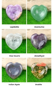 Detailed comparison of six polished heart-shaped crystals including amethyst and agate