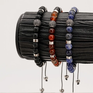 Natural Stone Beaded Bracelet Agate Blue Vein Stone Stainless Steel Adjustable Woven Rope Vintage Style For Men Unisex