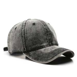 Retro washed denim baseball cap in charcoal gray with vintage distressed finish and curved brim