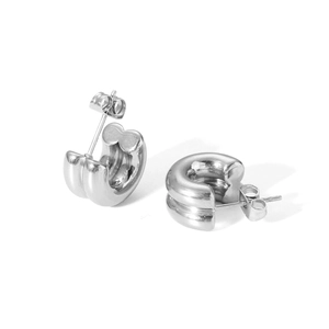 Polished silver stainless steel C-shaped stud earrings showing side and back detail view