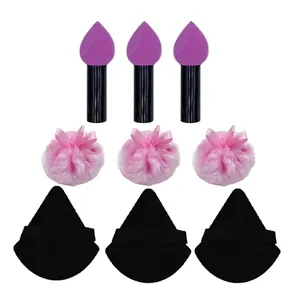 Set of 9 makeup tools featuring teardrop sponges, plush puffs and triangular velvet sponges