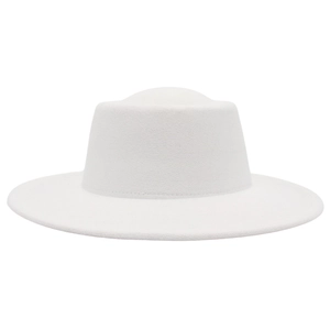 Detailed texture of white minimalist flat top wool felt fedora with a wide brim