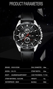 Detail view of men's waterproof quartz watch with silicone strap and 48mm black chronograph dial